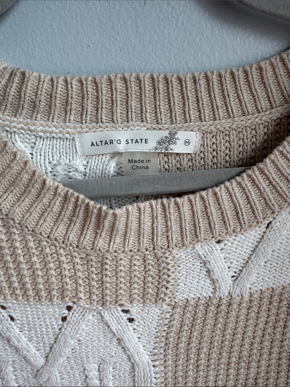 Altar’d State Beige and White Patchwork Cable Knit Sweater - Picture 3 of 4